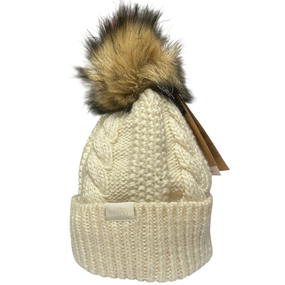 The North Face Oh Mega Fur Beanie Gardenia White Cable Knit Hat Retail: $50 NWT